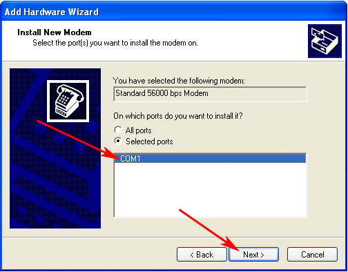 select com1 and click next
