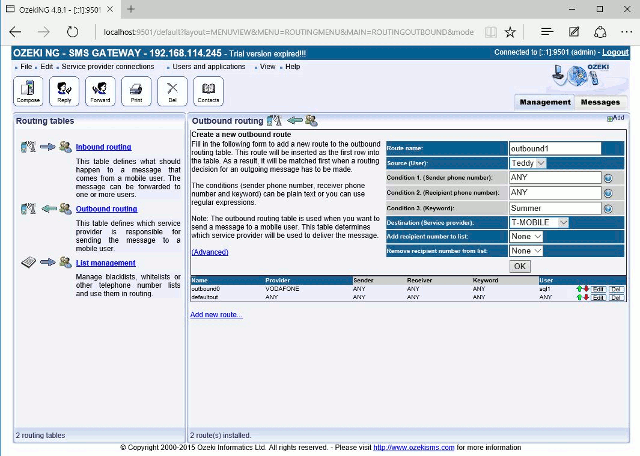 setting up a new outbound rule in sms gateway