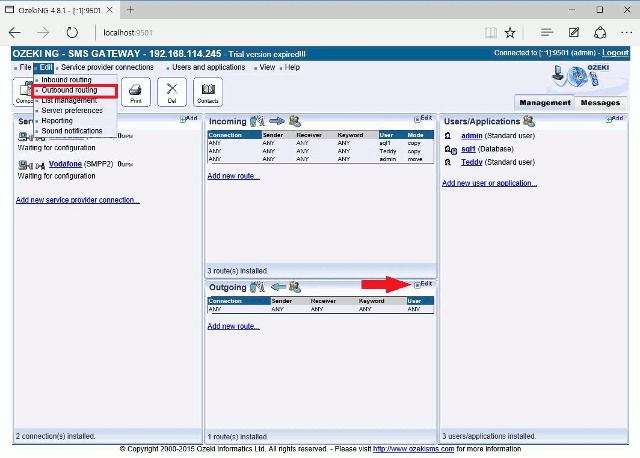 the outbound sms routing editing panel