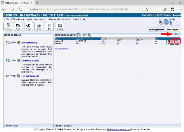 adding a new outbound sms routing rule in sms gateway