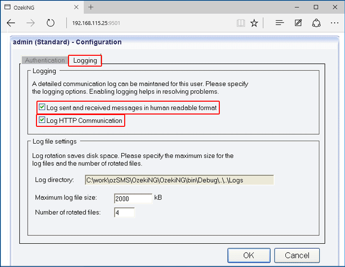 logging options in ozeki ng