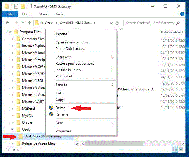 deleting the ozeki ng sms gateway folder