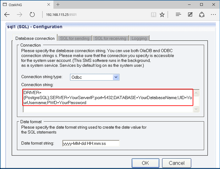 specifying the connection string for the mysql database