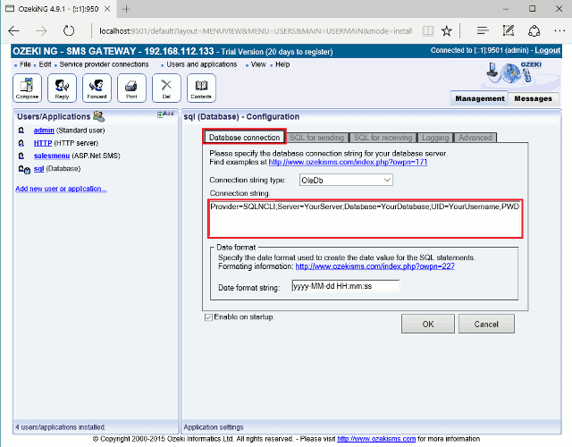 the connection string template in the configuration form