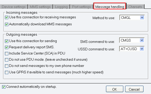 the message handling tab