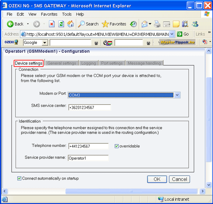 selecting the port in the device setting tab