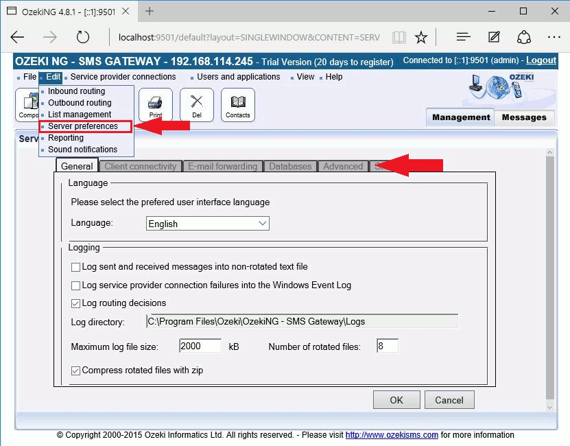 the server preferences form