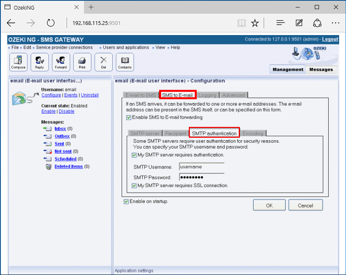 the smtp authentication section of sms to email tab