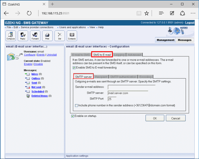 the smtp server section of sms to email tab