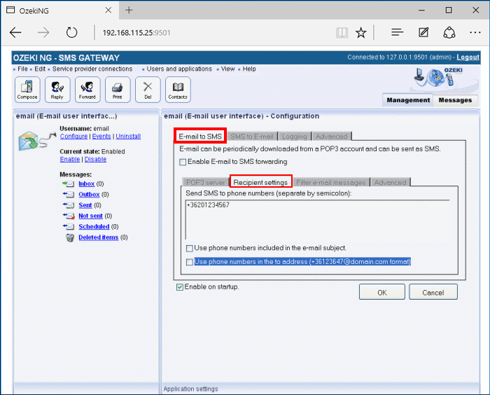 the recipient settings section