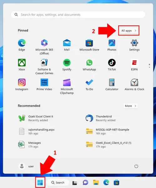 Open all apps in Windows start menu