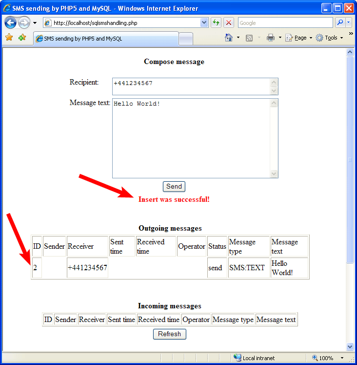 confirmation message on the php form with sql status information