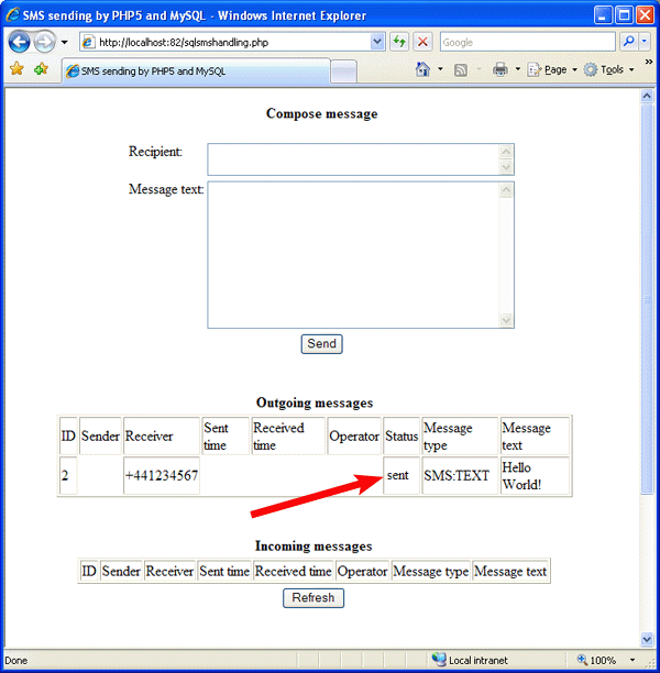 verify that the message is sent in the outgoing sms box