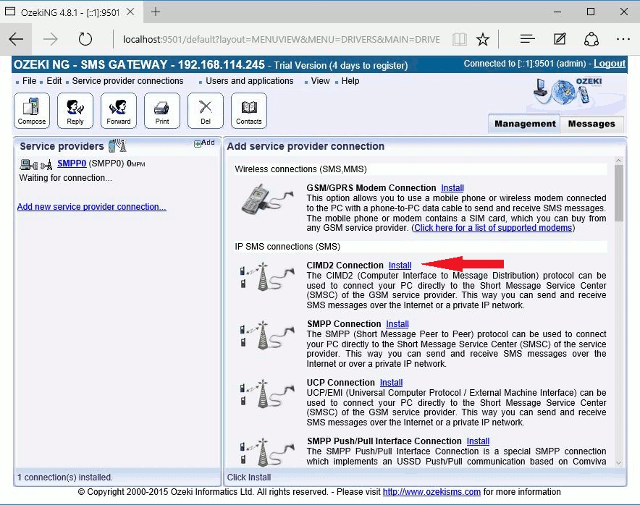 starting ot install the cimd2 connection