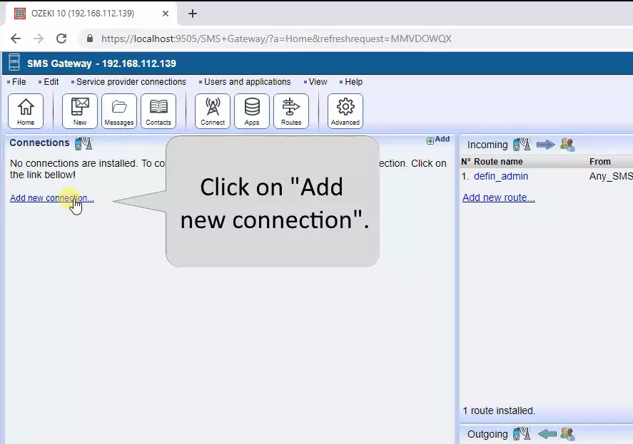 add new connection in the sms gateway