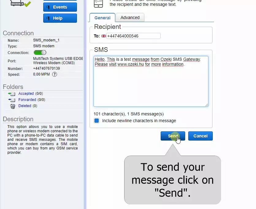 the sms can be sent by clicking on the send button