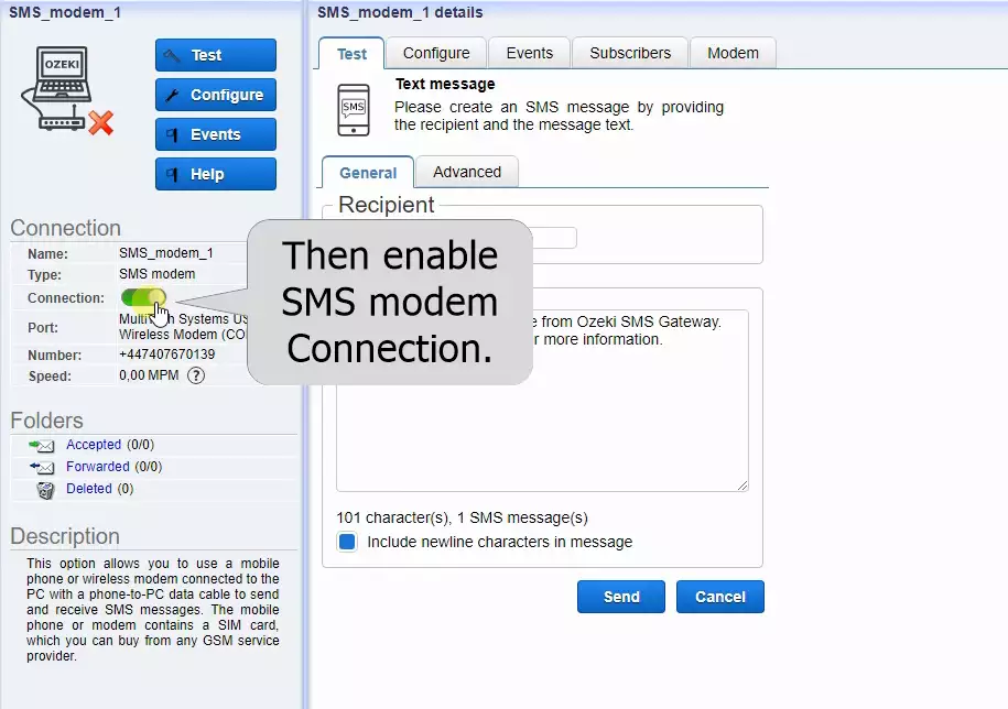 turn on the sms modem connection