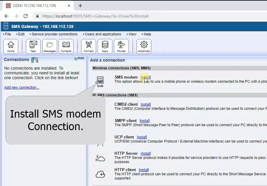 select the sms modem connection to install