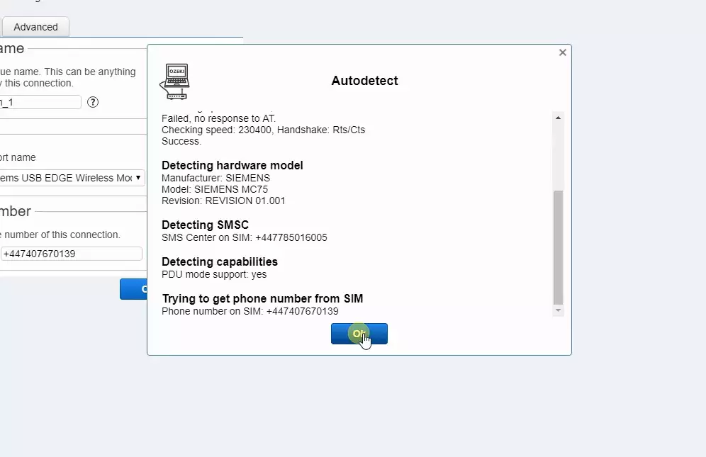 details of the detected modem