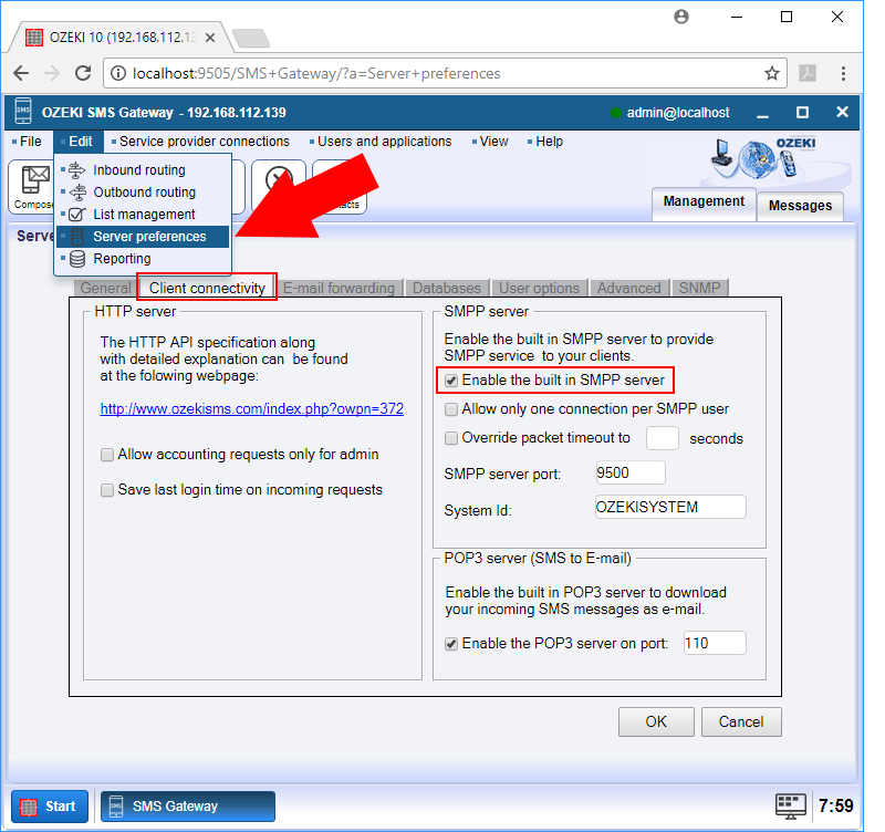 enabling the smpp server of ozeki