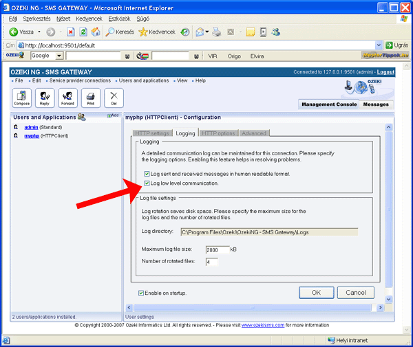 enable the low level communication logging