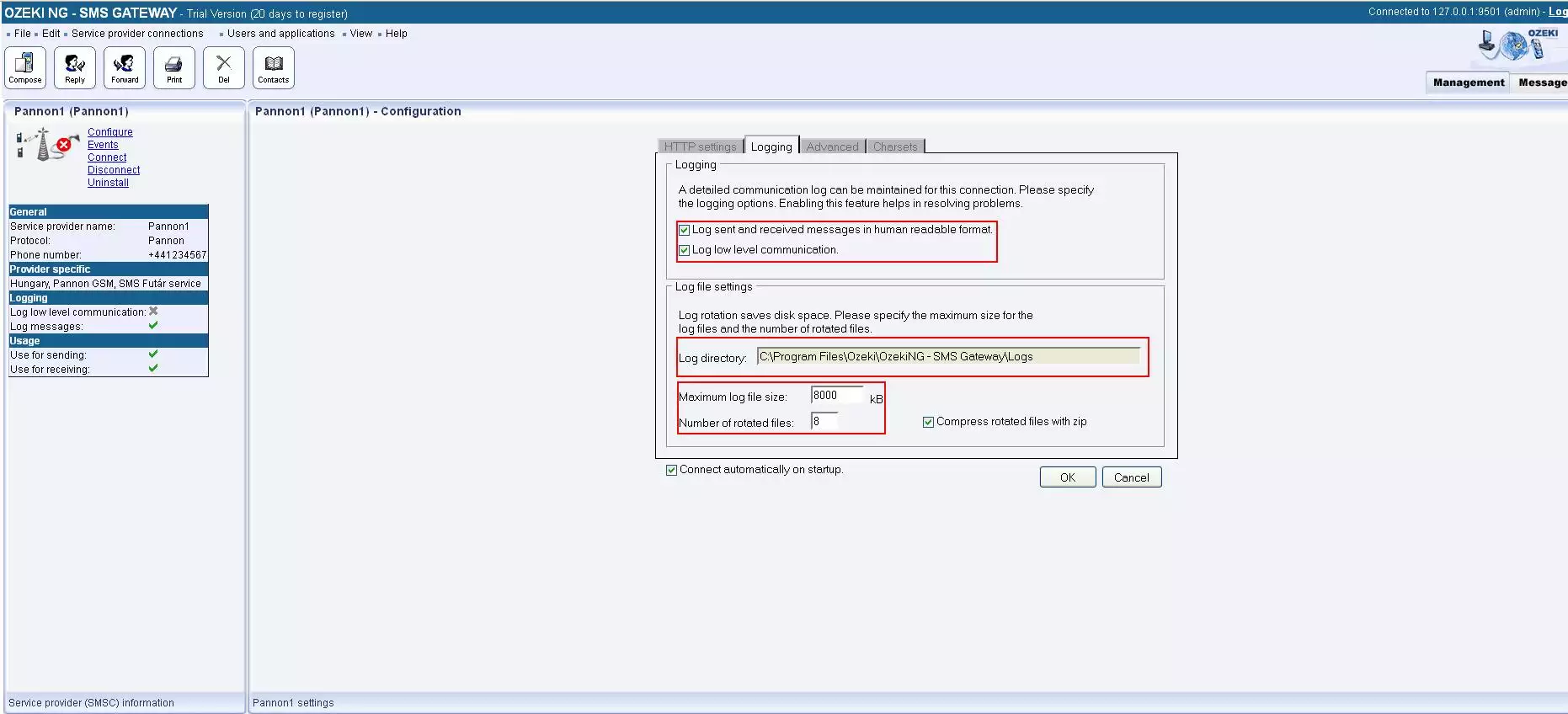 logging settings in yettel futar connection