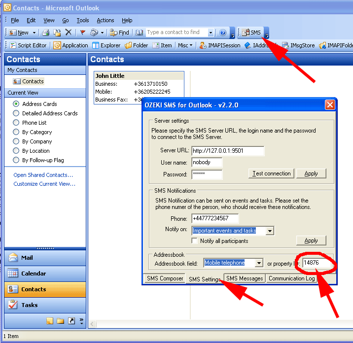 configure the outlook sms plugin