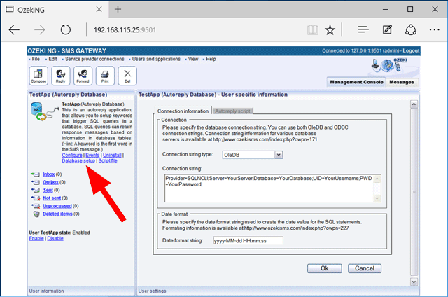 database settings for sms information query