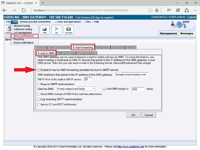 enable the smtp server to make e-mail to sms forwarding possible