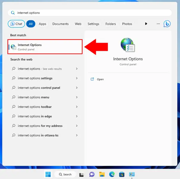 open internet options from start menu