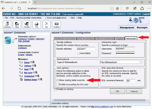 allowing routing table override in sms gateway