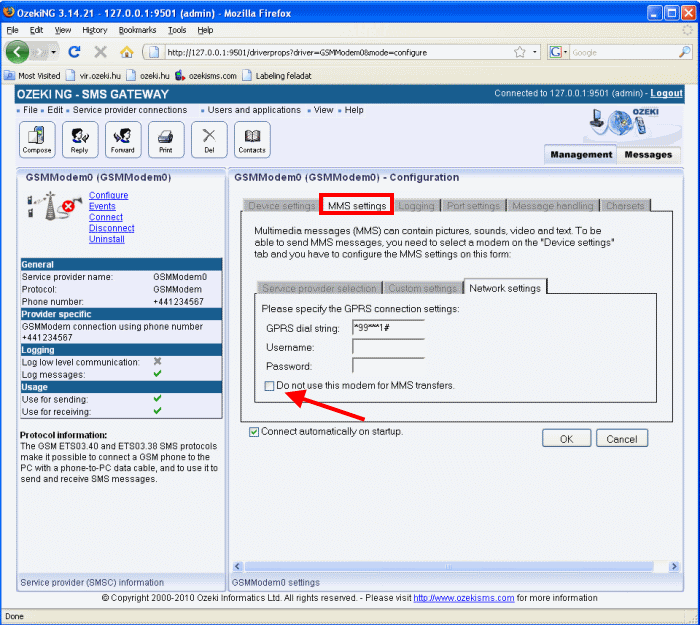 configure ozeki ng sms gateway