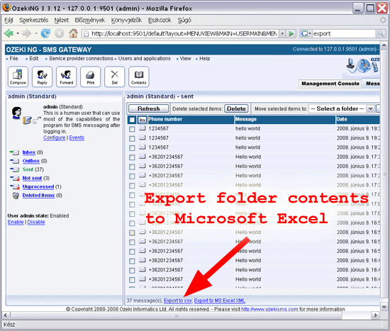 exporting sms messages to excel