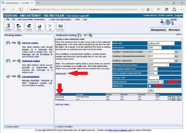 setting up a backup route in the sms server