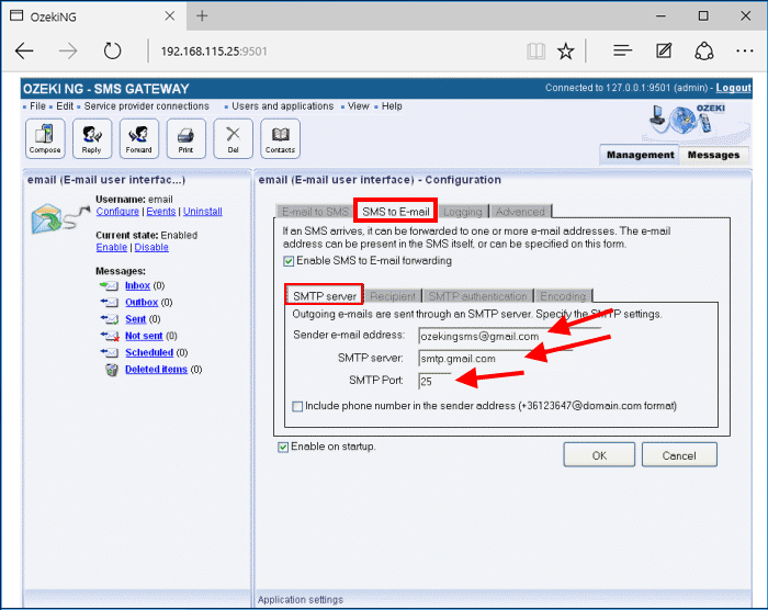 smtp server settings in the sms to email tab