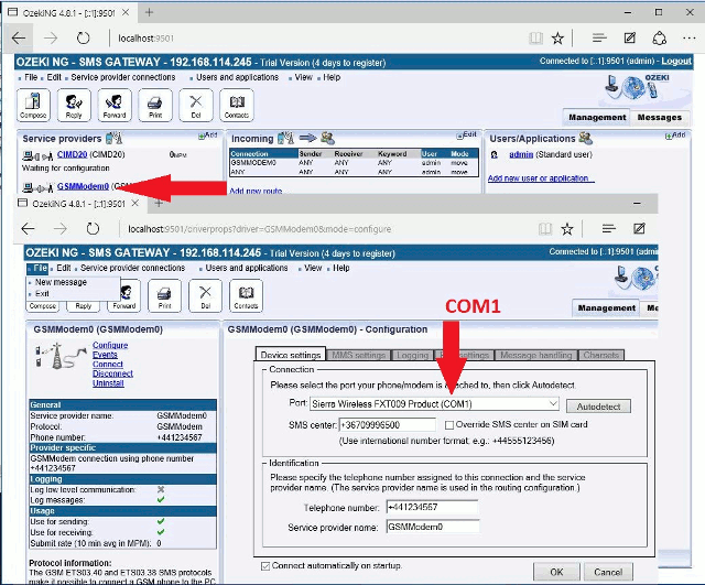 gsm modem configured on port com1