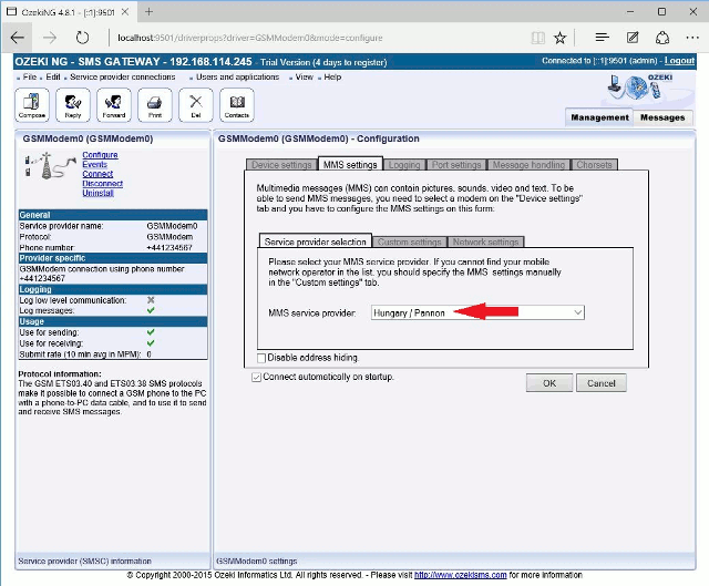 mms settings on the gsm modem configuration form