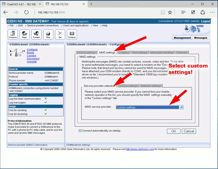 select custom settings in the mms service provider combo box