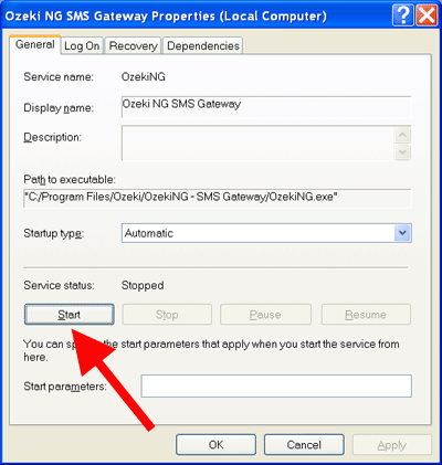 start the ozeki service on the service properties form