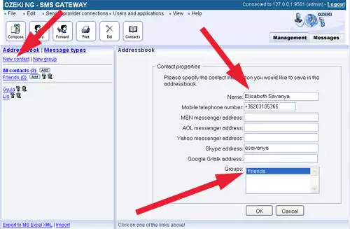 specifying new contact in ozeki ng