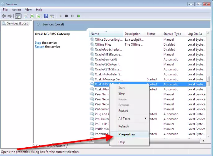 opening the service properties form