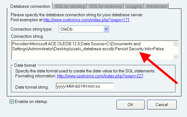 connection string for the database