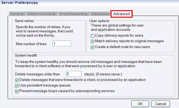 advanced tab in server preferences