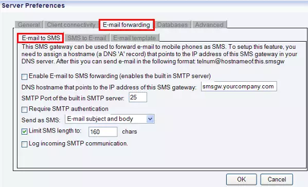 email to sms tab