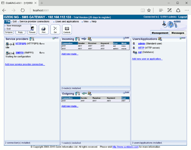 management console of ozeki NG SMS Gateway