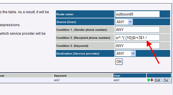 outbound route expression in the sms server