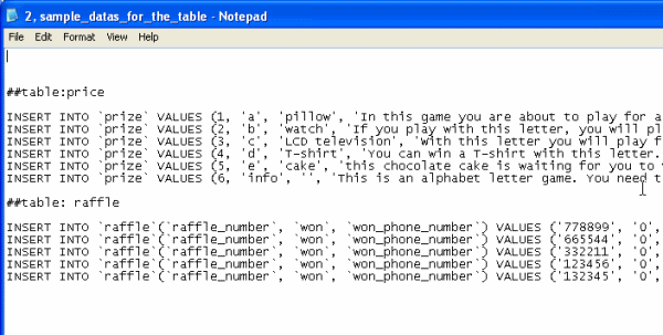 open sample data for the table txt