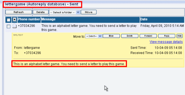 response message in the sent folder of the user