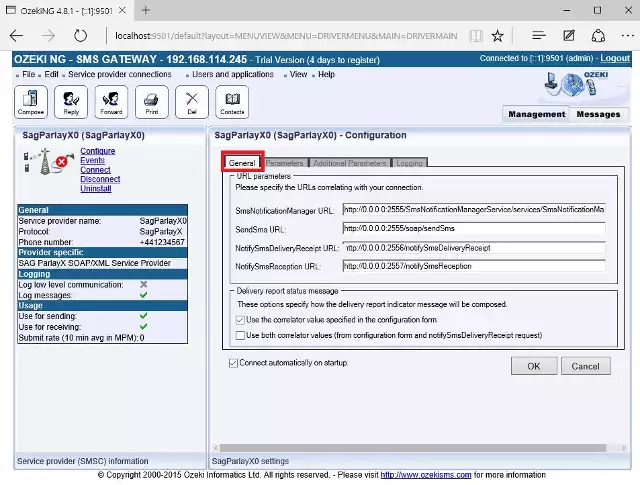 general settings of the sag parlayx soap/xml connection