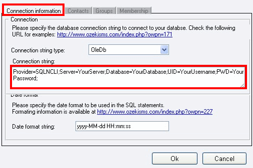 setting up a connection string in ozeki ng